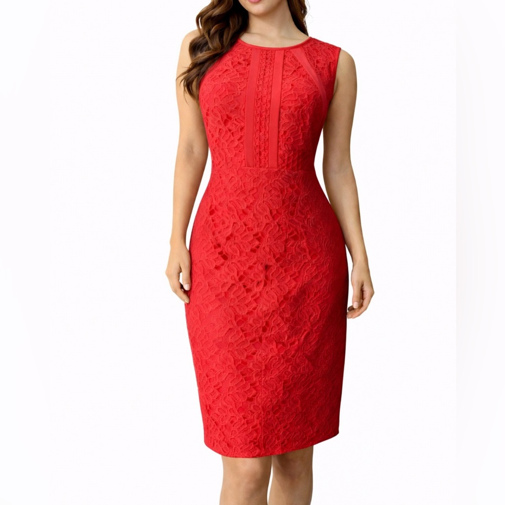 Antonio Melani Dress 14 Red Pink Stretch Sheath Sleeveless Career Church